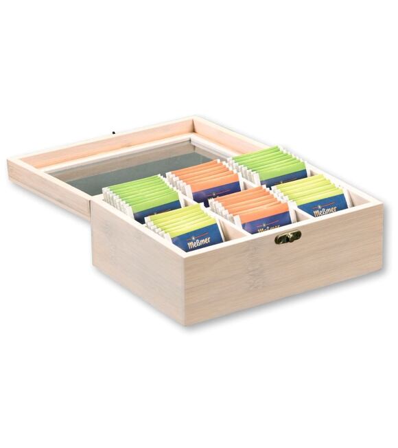 Organizér na čaje, 6 priehradiek, 21,5 x 16 x 9 cm, bambus, biely KESPER 57902