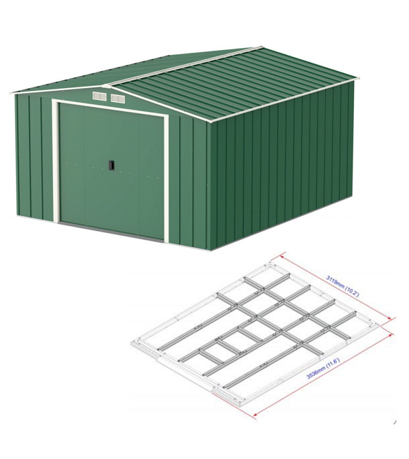 Colossus Eco XXL Záhradný domček 11,6 m² + podlahové profily, zelený DURAMAX 61361+57222